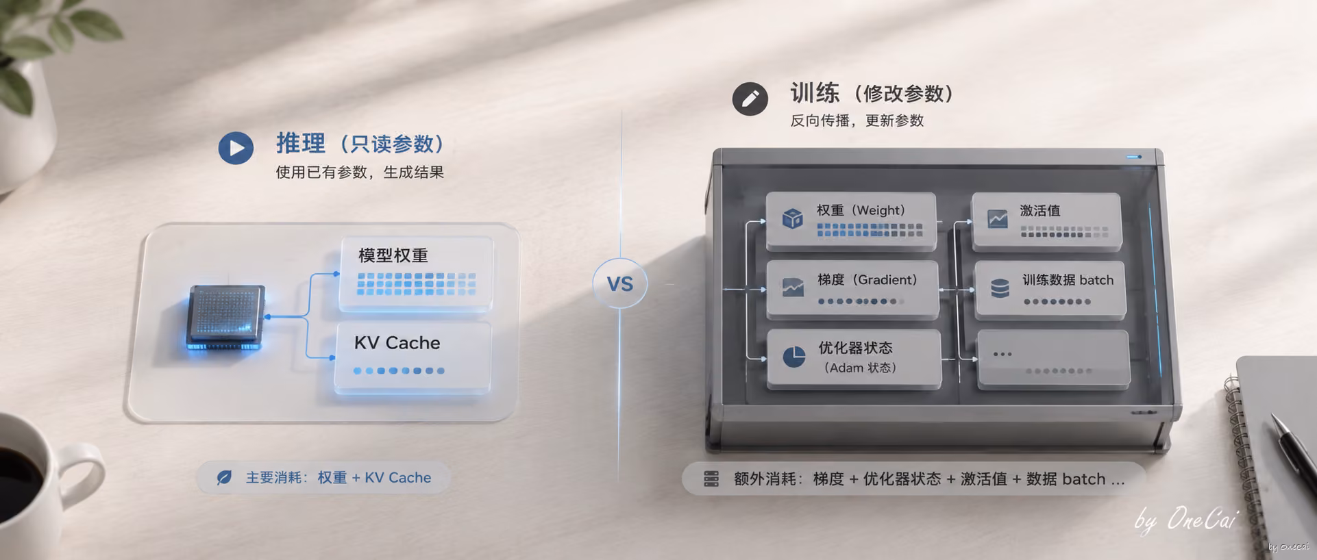 推理只读参数，训练要改参数